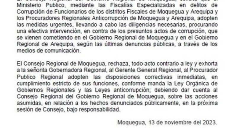 II Pronunciamiento público del Consejo Regional de Moquegua.